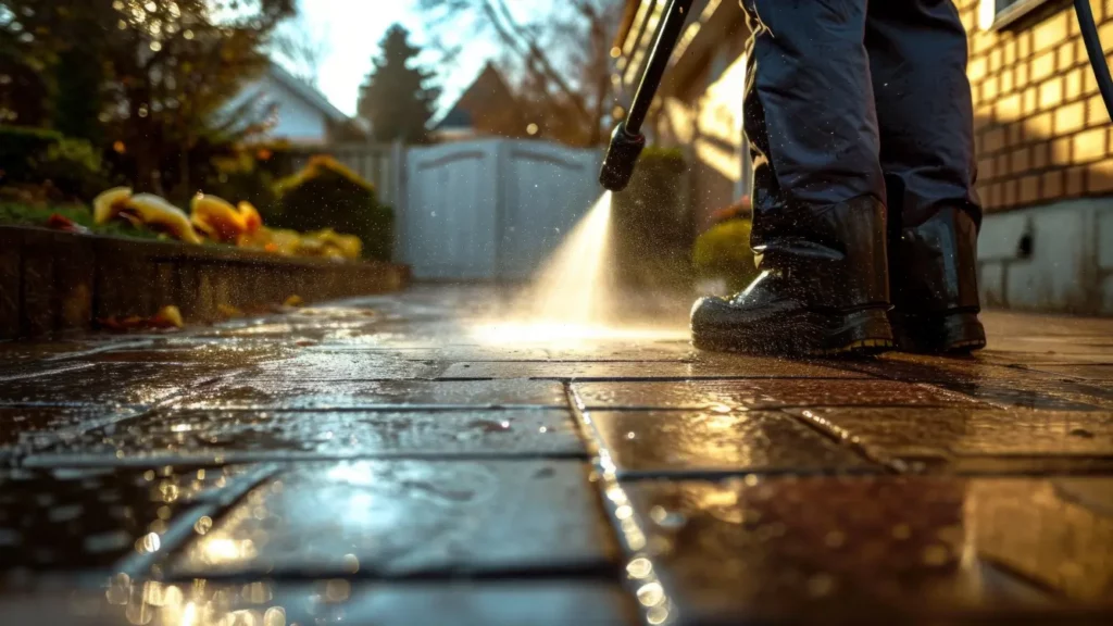 Person pressure washing wet stone patio with water spray in golden sunlight.