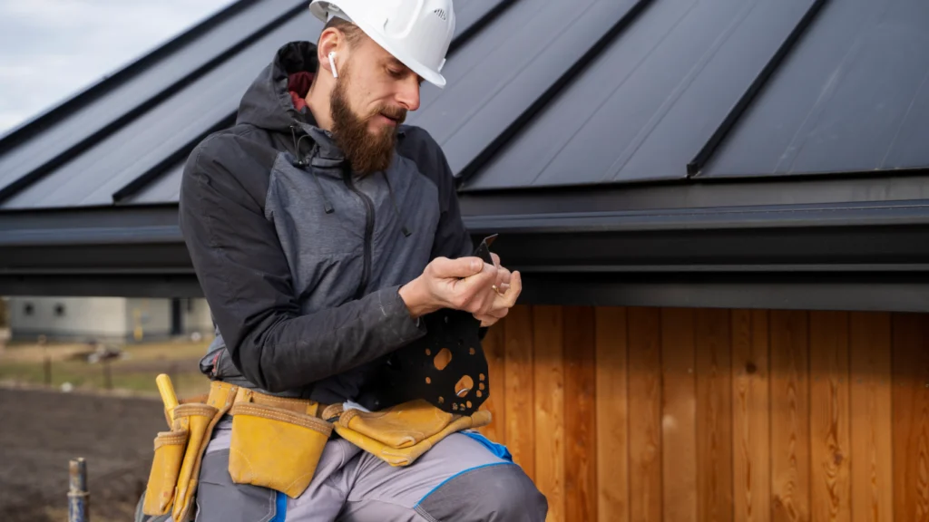 Professional gutter cleaning technician in hard hat and tool belt inspecting gutter system on residential roof with metal panels.RetryClaude can make mistakes. Please double-check responses.