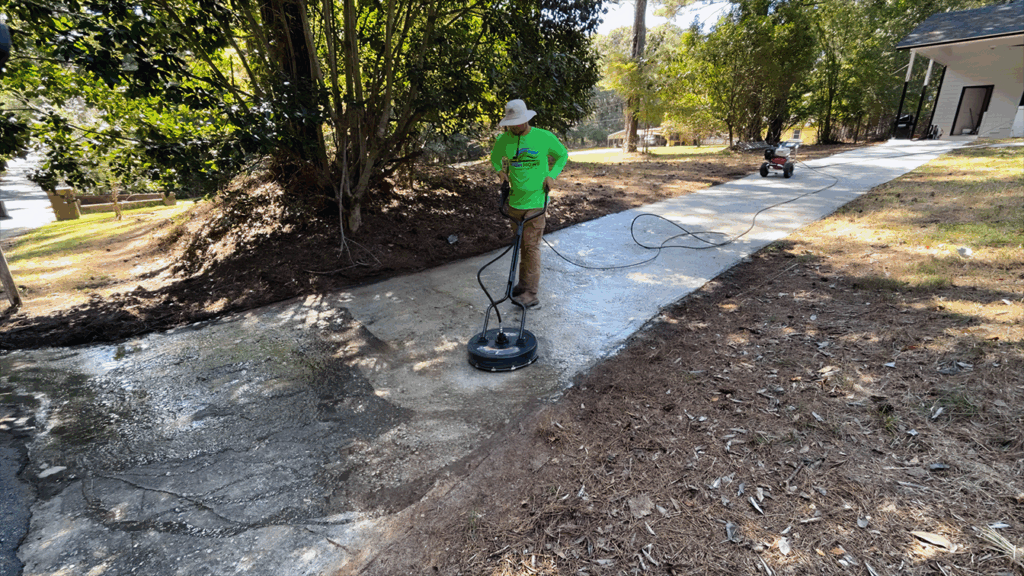 Worker in Flow Mows using circular pressure washer to clean concrete driveway surrounded by landscaped yard with trees.RetryClaude can make mistakes. Please double-check responses.